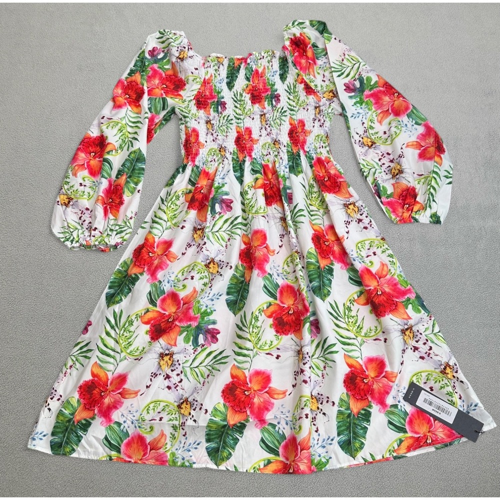 NWT S.DEER Dress Floral Print Womens XXL Long Sleeve Smocked A Line Summer Midi